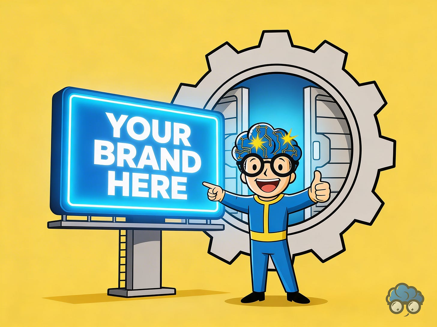 Illustration rétro-cartoon de GMIND-BOY pointant avec enthousiasme un écran géant bleu où est écrit "YOUR BRAND HERE". Style Fallout/Vault Boy sur fond jaune vif. Illustration rétro-cartoon de GMIND-BOY pointant avec enthousiasme un écran géant bleu où est écrit "YOUR BRAND HERE". Style Fallout/Vault Boy sur fond jaune vif.