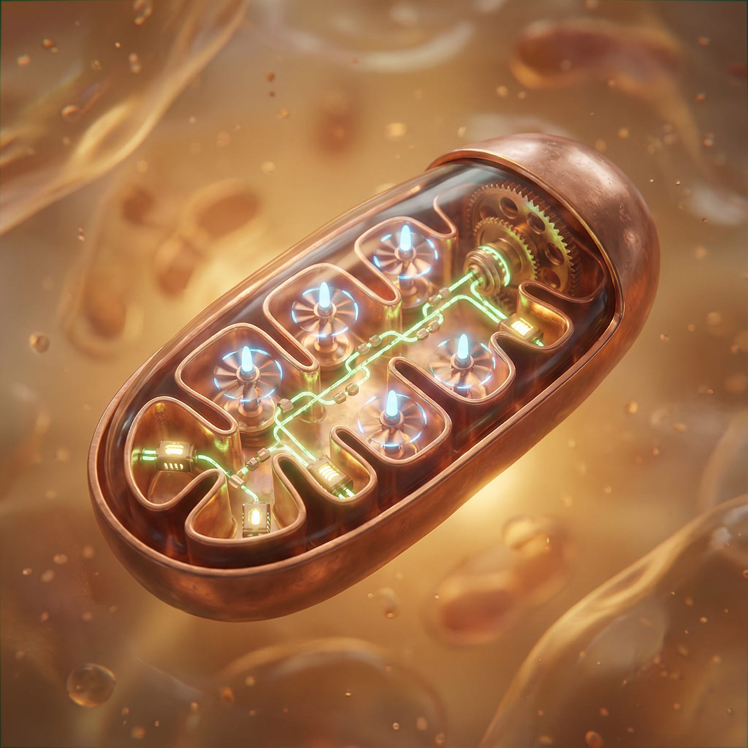 A single mitochondrion reimagined as a tiny, high-tech electric power plant with visible spinning rotors and glowing electron carrier complexes, floating in cellular fluid, whimsical but scientifically grounded, warm lighting. No text 1