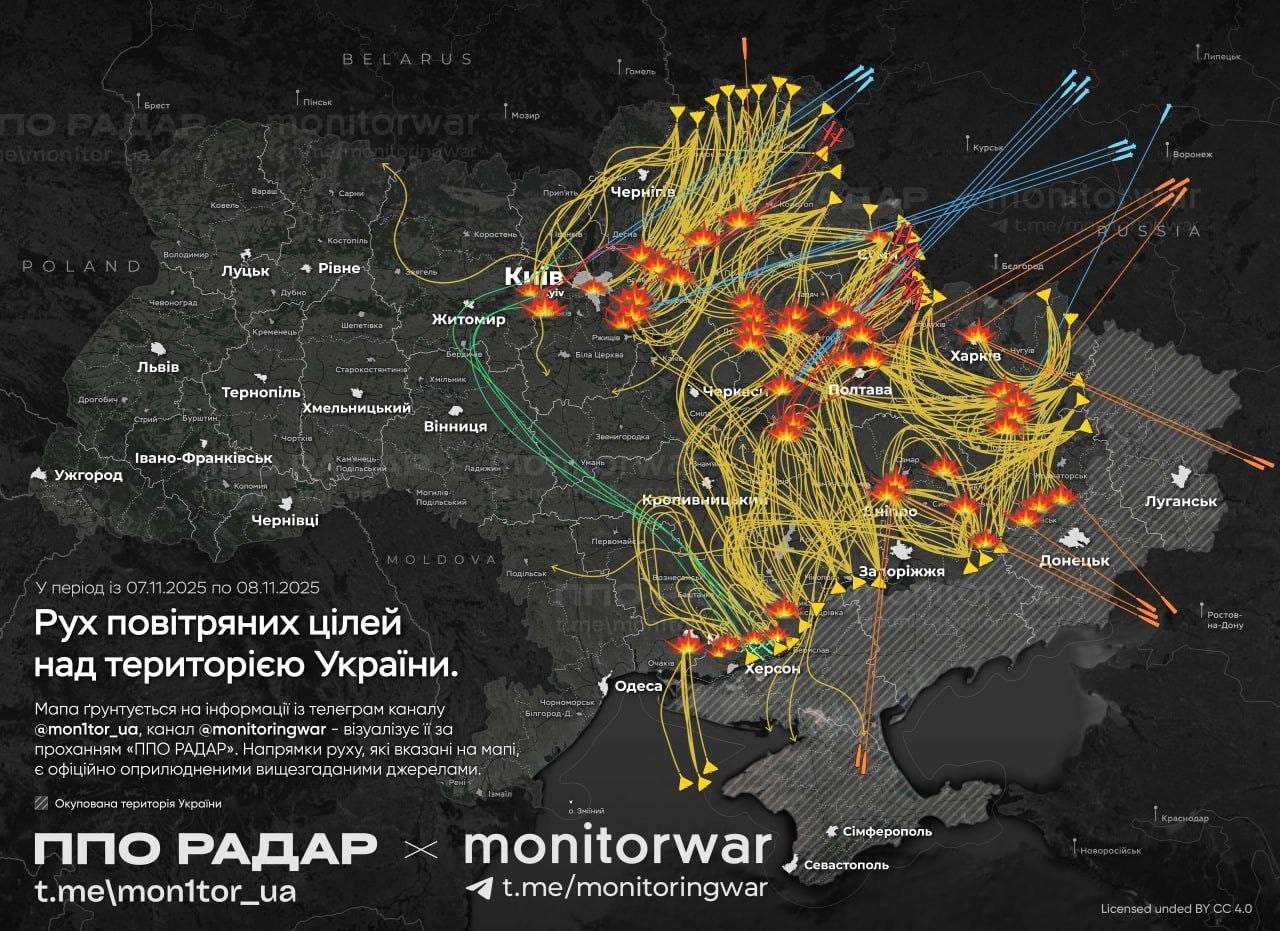 Map showing Russian drone and missile routes over Ukraine during the November 7–8 attack, based on air defense monitoring data. (Source: Monitorwar)