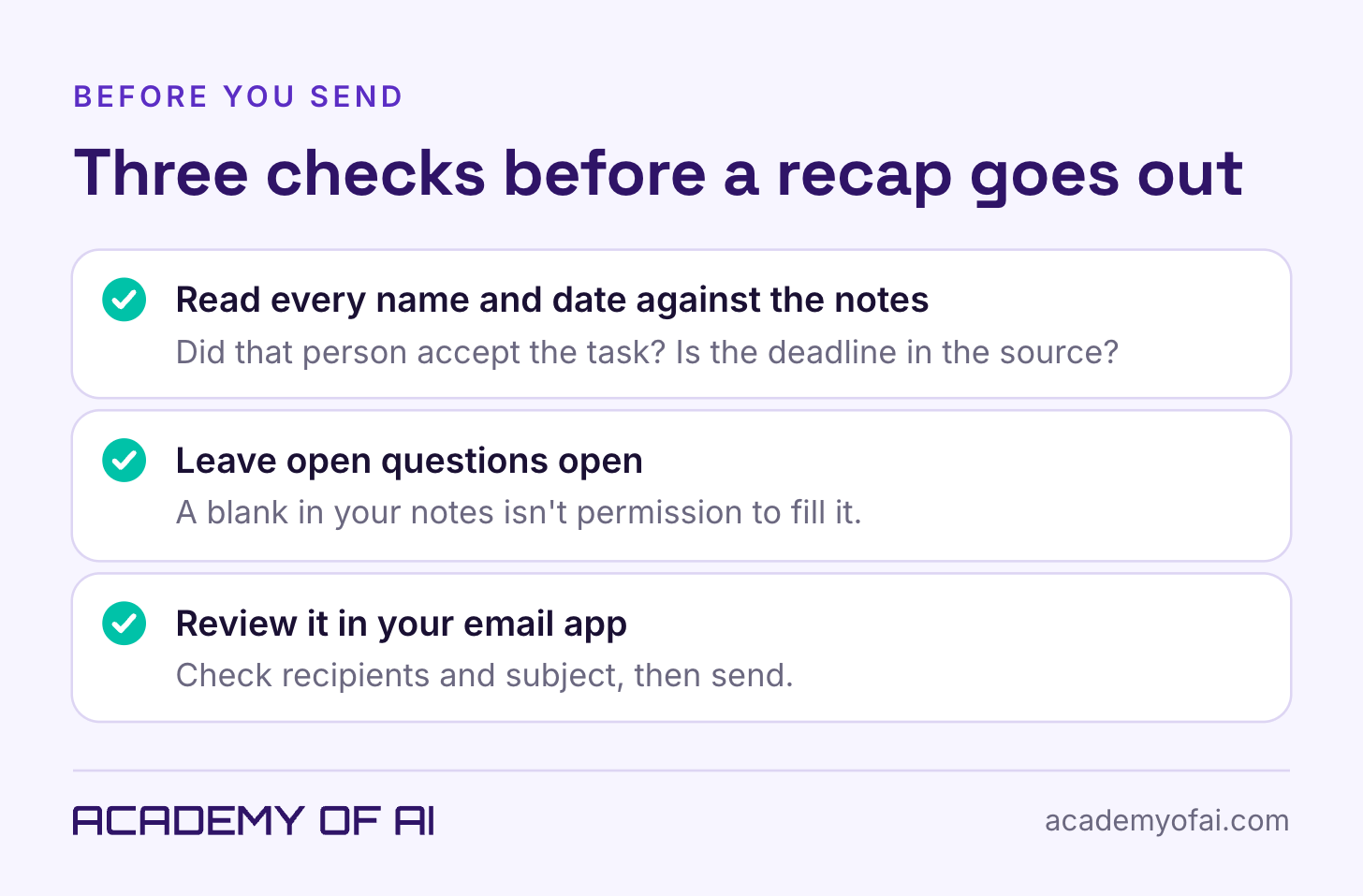 A checklist titled Before you send with three items: read the names and dates against the notes, leave open questions open, and review the email in your email app before sending. A checklist titled Before you send with three items: read the names and dates against the notes, leave open questions open, and review the email in your email app before sending.