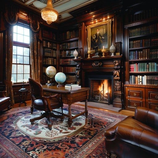 This classic study exudes an air of sophistication and learning with its floor-to-ceiling wooden bookshelves brimming with books. A leather armchair invites one to sit and peruse the collection, while the warm glow from the fireplace enhances the room's cozy atmosphere. Vintage elements such as the ornate Persian rug, the grand desk, and antique globes contribute to the room's historical charm. Natural light filters through the window, highlighting the intricate details of the room's design and craftsmanship, creating an ideal haven for thought and study.