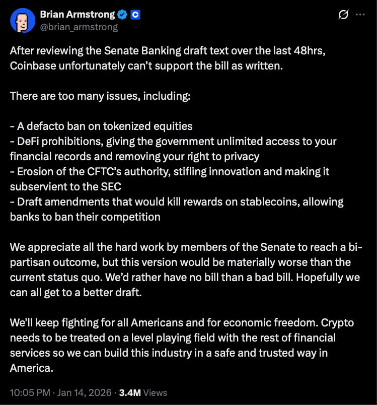 Screenshot of a post by Brian Armstrong on X explaining why Coinbase cannot support the current draft of the CLARITY Act, outlining concerns about tokenized equities, stablecoin rewards, CFTC authority, and innovation. Screenshot of a post by Brian Armstrong on X explaining why Coinbase cannot support the current draft of the CLARITY Act, outlining concerns about tokenized equities, stablecoin rewards, CFTC authority, and innovation.