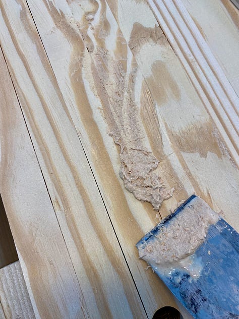 Various images of the workbench showing a crack in the top, gaps in the top being filled, and a plane stop sitting on the top.
