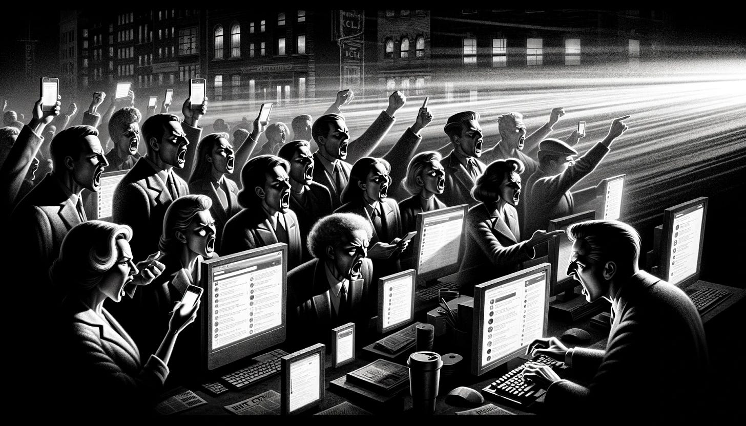 Transform the depiction of people expressing anger and frustration on the internet into a film noir style. Visualize this scene as if it's a frame from a classic noir film, with a dramatic interplay of light and shadow. The avatars are now stylized in monochrome, reflecting the era's iconic black-and-white aesthetic. Their expressions of anger and frustration are illuminated by harsh, directional light, casting long, ominous shadows that contribute to the scene's moody atmosphere. The digital realm takes on a more abstract, gritty texture, reminiscent of the urban landscapes typical in film noir. Social media icons, chat boxes, and pop-up windows are subtly integrated, appearing as vintage equivalents, such as newspapers, letters, and telephones, maintaining the internet argument context in a stylistically coherent, noir-themed digital world.