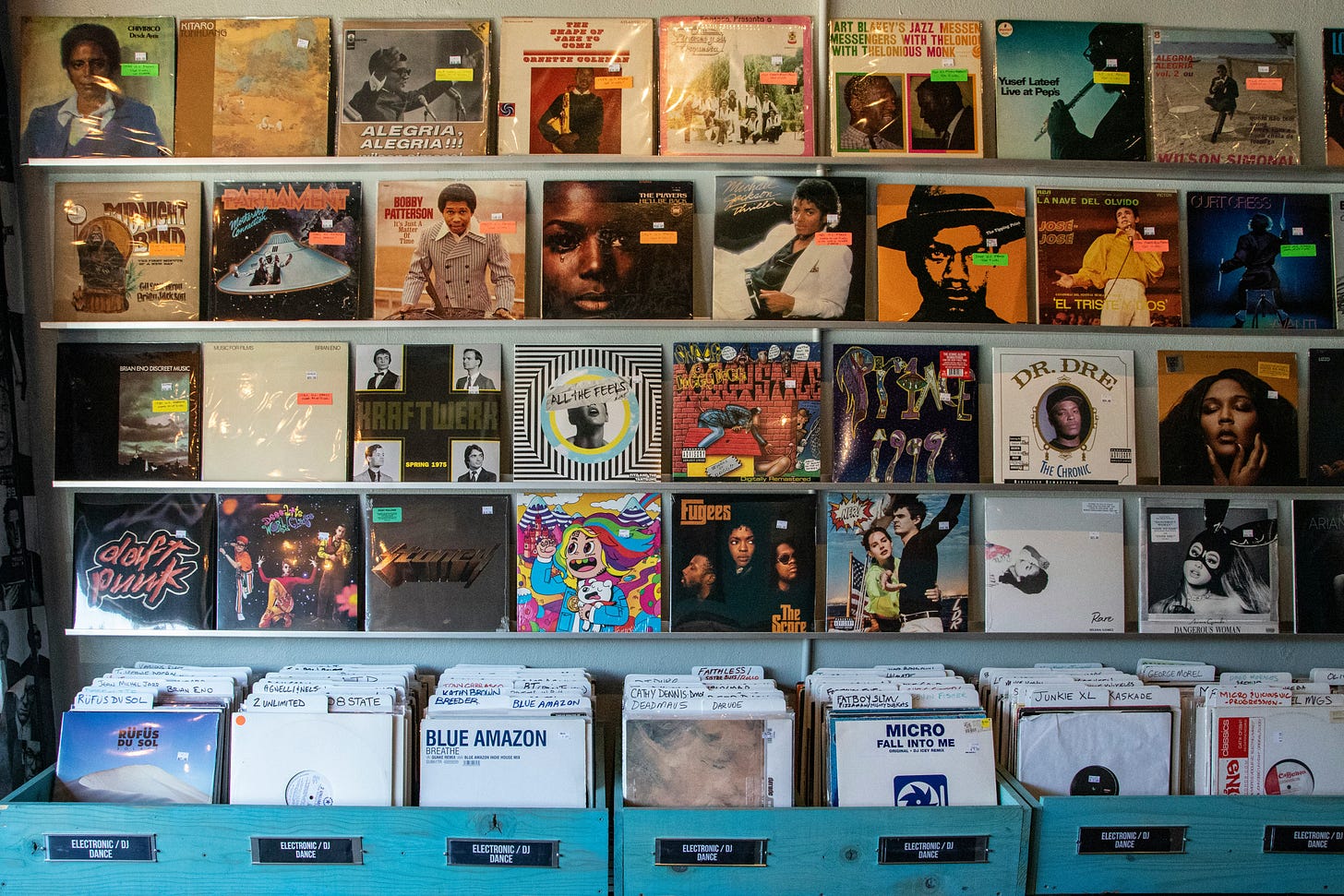 Record store wall showing covers Record store wall showing covers