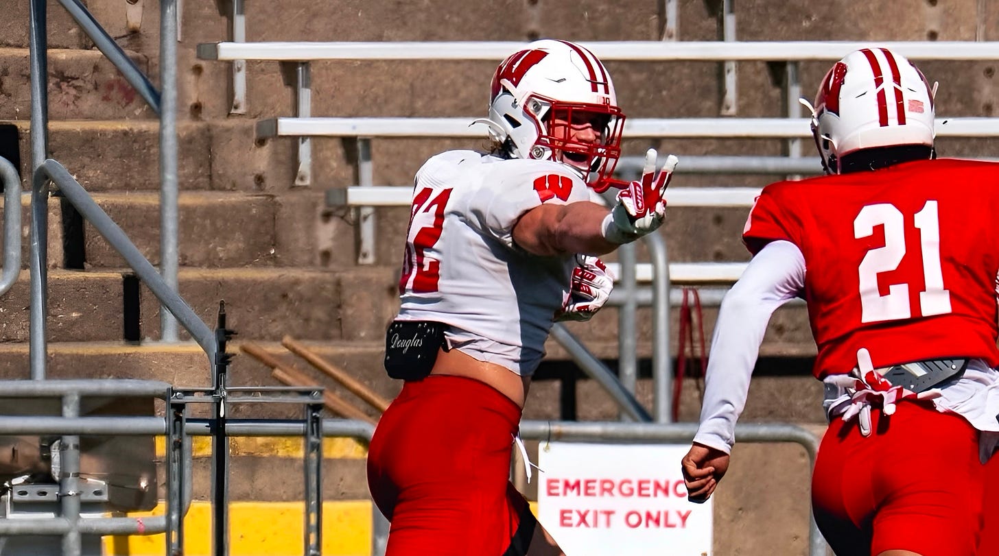 Wisconsin Badgers tight end Emmett Bork celebrates after a catch during spring practice. (Photo credit: UW Athletics)