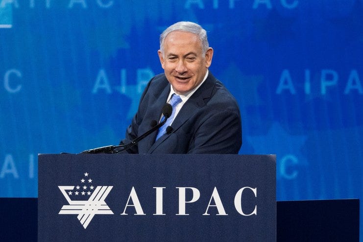 Benjamin “Bibi” Netanyahu, Prime Minister of Israel, speaking at the AIPAC (American Israel Public Affairs Committee) Policy Conference at the Walter E. Washington Convention Center in Washington, DC on March 6, 2018 (Credit Michael Brochstein/Alamy)