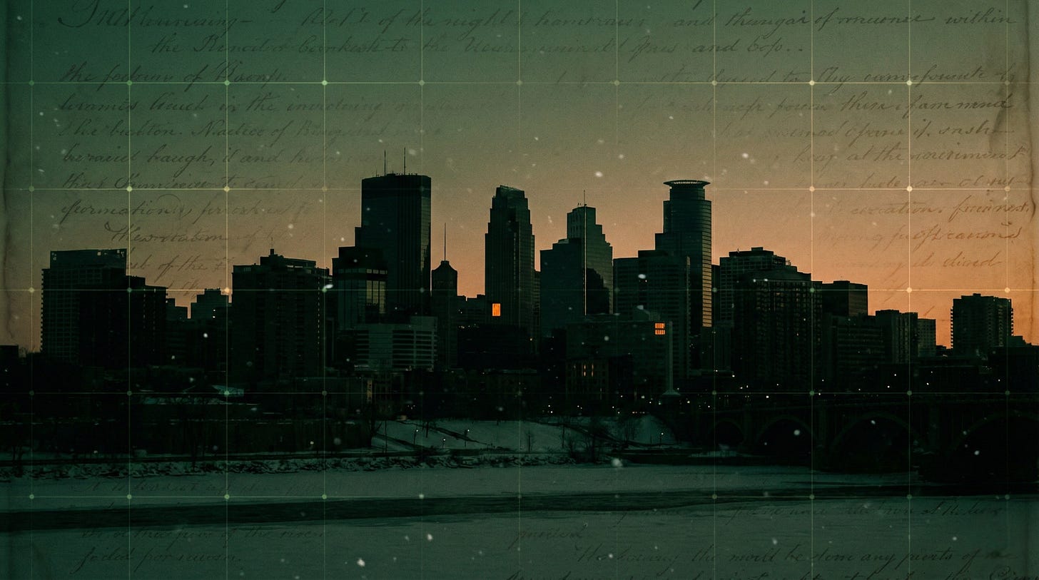 Dusk skyline of Minneapolis in winter, overlaid with faint grid lines and constitutional text, symbolizing federal surveillance, enforcement, and civil liberties under strain. Dusk skyline of Minneapolis in winter, overlaid with faint grid lines and constitutional text, symbolizing federal surveillance, enforcement, and civil liberties under strain.