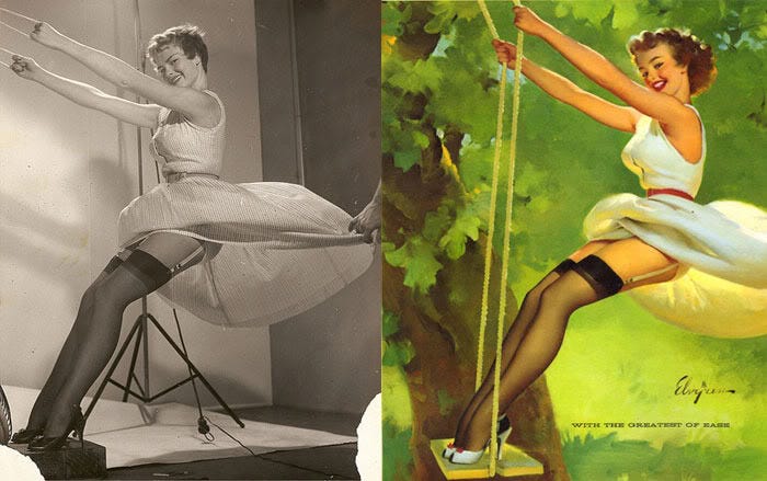 Behold the masterful transformation: a candid moment becomes a classic Gil Elvgren pin-up, brimming with playful charm 'before and after the brush.' Behold the masterful transformation: a candid moment becomes a classic Gil Elvgren pin-up, brimming with playful charm 'before and after the brush.'