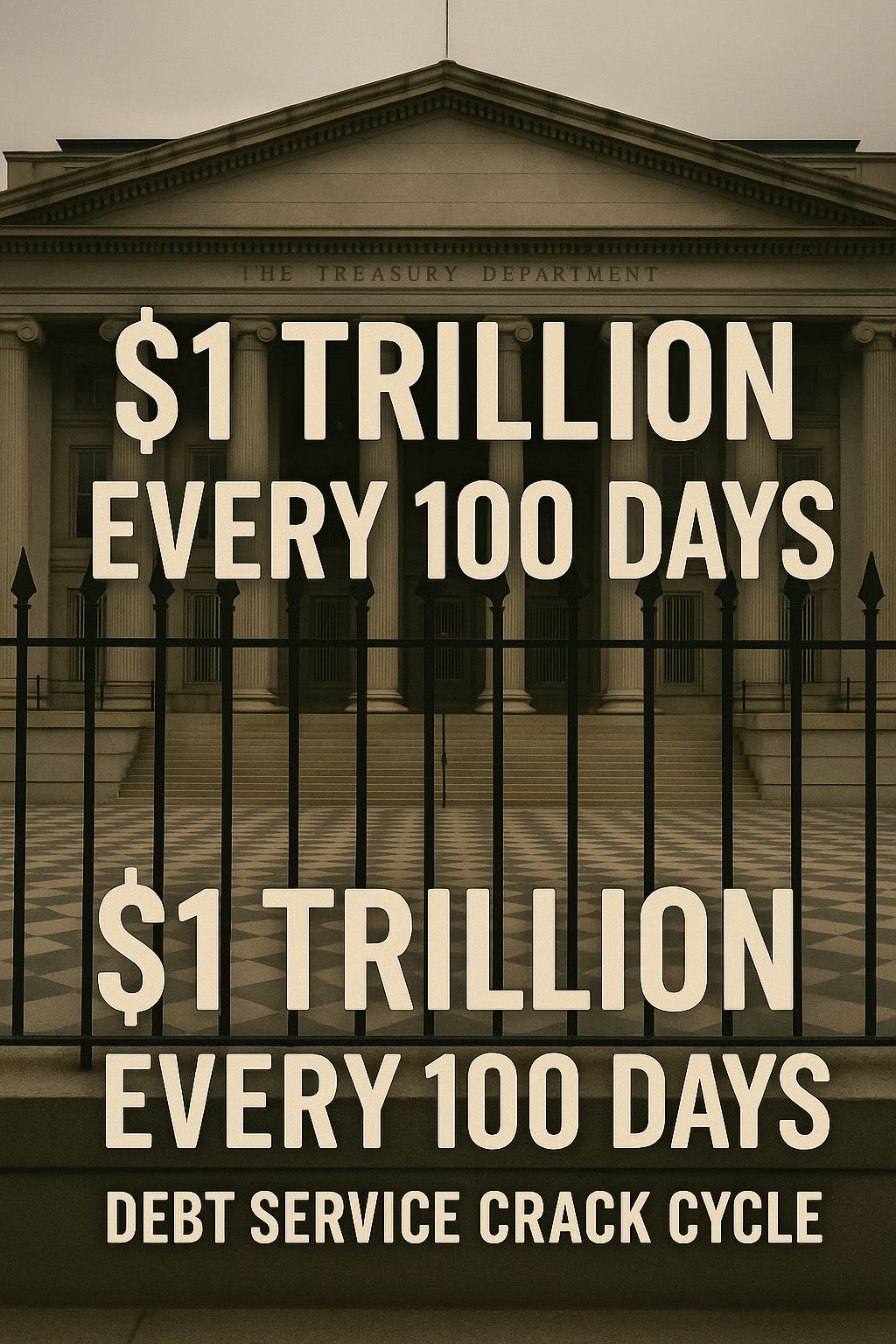 The U.S. Treasury Department behind a black iron fence, with bold distressed text reading “$1 Trillion Every 100 Days — Debt Service Crack Cycle.” The U.S. Treasury Department behind a black iron fence, with bold distressed text reading “$1 Trillion Every 100 Days — Debt Service Crack Cycle.”