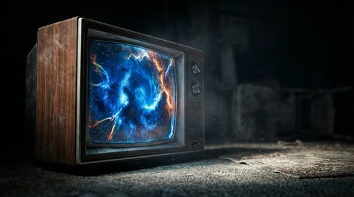 A vintage television glowing with a bright nebula on the screen in a dark, atmospheric room A vintage television glowing with a bright nebula on the screen in a dark, atmospheric room