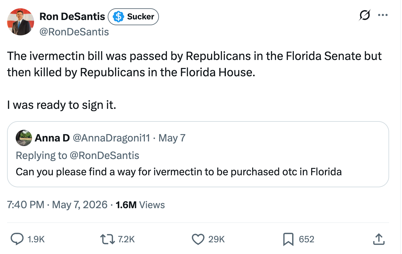 DeSantis on Twitter: “The ivermectin bill was passed by Republicans in the Florida Senate but then killed by Republicans in the Florida House. I was ready to sign it.” DeSantis on Twitter: “The ivermectin bill was passed by Republicans in the Florida Senate but then killed by Republicans in the Florida House. I was ready to sign it.”