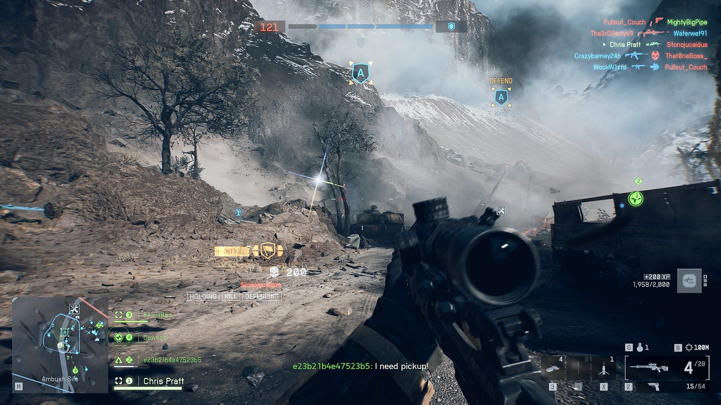 Battlefield 6 screenshot of Liberation Peak. There are mountains in the distance. A sniper glint can be seen in the distance.