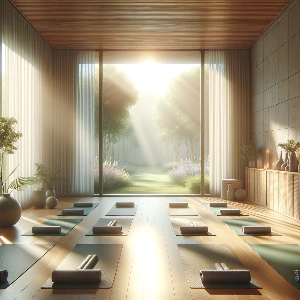 An image depicting a serene and inviting yoga studio bathed in soft, natural light. The studio is equipped with yoga mats neatly arranged on the floor, and there's an aura of tranquility and wellness permeating the space. Large windows allow for a view of a peaceful garden outside, connecting the indoor exercise space with the natural world. The studio is empty, symbolizing the potential for personal growth and health improvement through stretching and flexibility exercises. The image should evoke feelings of calmness, health, and the holistic benefits of regular stretching.