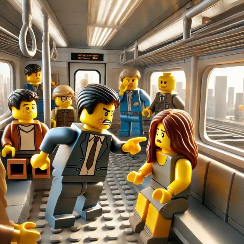 A tense scene made of LEGO figures on a subway train. A male figure in a suit angrily points and shouts at a distressed female figure seated on a bench. Other LEGO passengers in the background display expressions of shock, concern, or indifference. The subway car is detailed with overhead handles and windows showing a city skyline.
