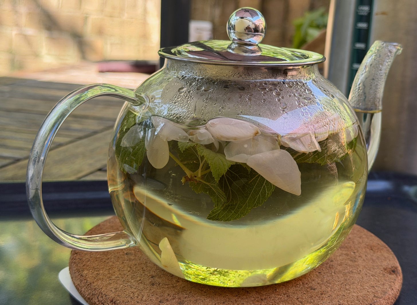 A glass teapot containing leaves and petals andinfused water