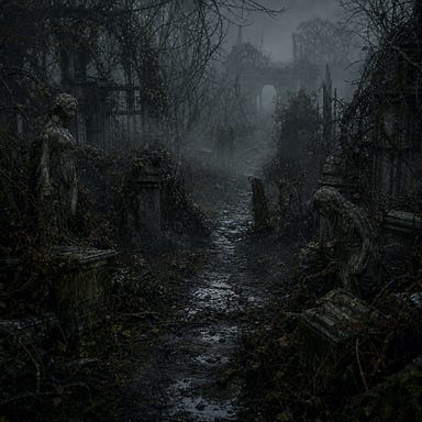 Overgrown garden path in the ruins of Berez — wild choking vines, broken statues half‑sunken in mud, thorny growth twisting over shattered stone, fog curling low across a narrow trail, eerie stillness hinting at hidden threats