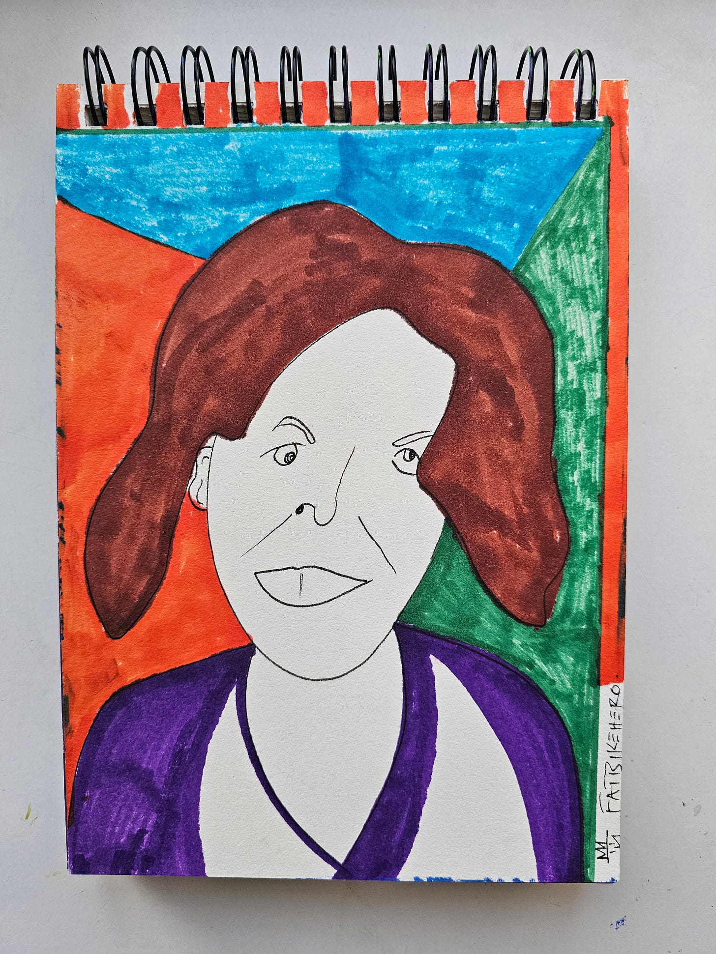 Alt Text: A vibrant, vertical marker drawing titled "Linda Moulton Howe: U.F.O Disclosure" by outsider artist FatbikeHero. The portrait features a stylized depiction of the investigative journalist with iconic voluminous brown hair and a minimalist, white-space face. She wears a purple top against a geometric background of bold terracotta orange, cerulean blue, and forest green. The style is raw, expressive, and illustrative of contemporary paranormal culture art. Alt Text: A vibrant, vertical marker drawing titled "Linda Moulton Howe: U.F.O Disclosure" by outsider artist FatbikeHero. The portrait features a stylized depiction of the investigative journalist with iconic voluminous brown hair and a minimalist, white-space face. She wears a purple top against a geometric background of bold terracotta orange, cerulean blue, and forest green. The style is raw, expressive, and illustrative of contemporary paranormal culture art.