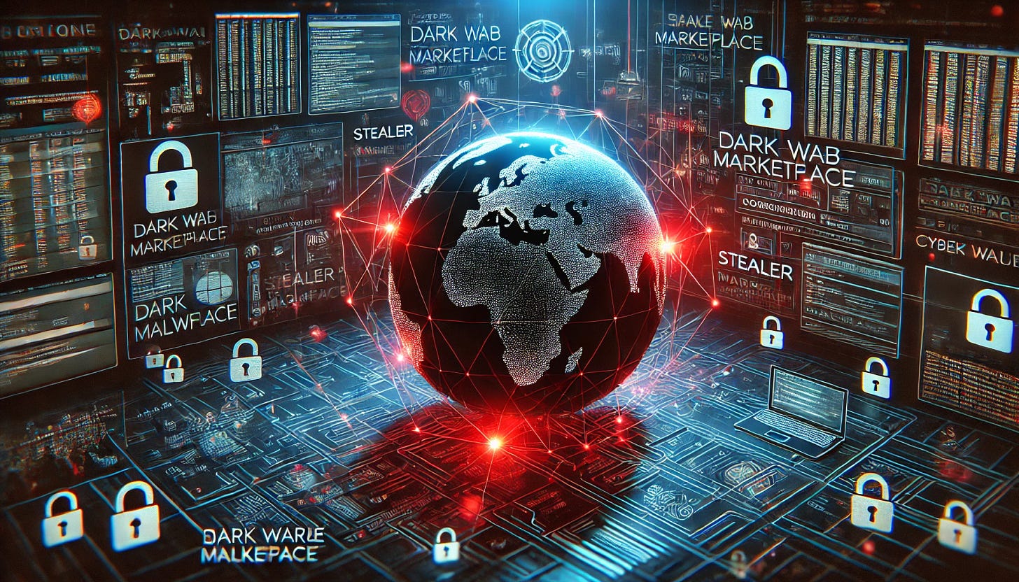 A high-definition image showcasing the interconnected networks of the cybercrime ecosystem, with a glowing digital globe at the center surrounded by lines connecting various elements like a dark web marketplace, stealer malware code, and compromised servers. The atmosphere is ominous with blue and red neon lighting and a matrix-like digital overlay.