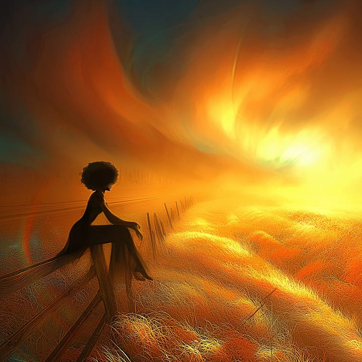 A black woman sits on the fence looking to a city skyline on the horizon.