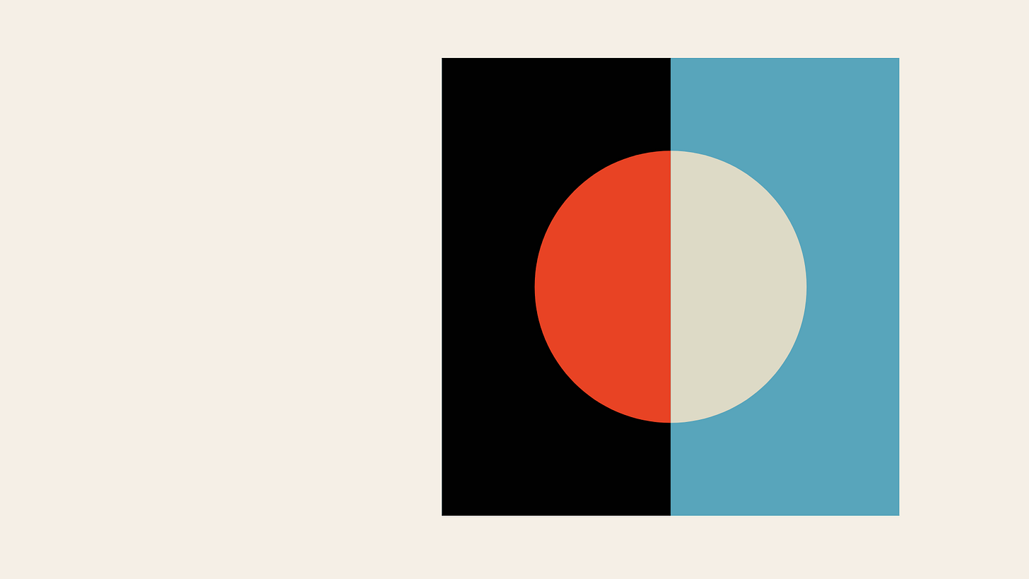 Abstract split-circle graphic in black, blue, red, and cream, two halves meeting in the middle.