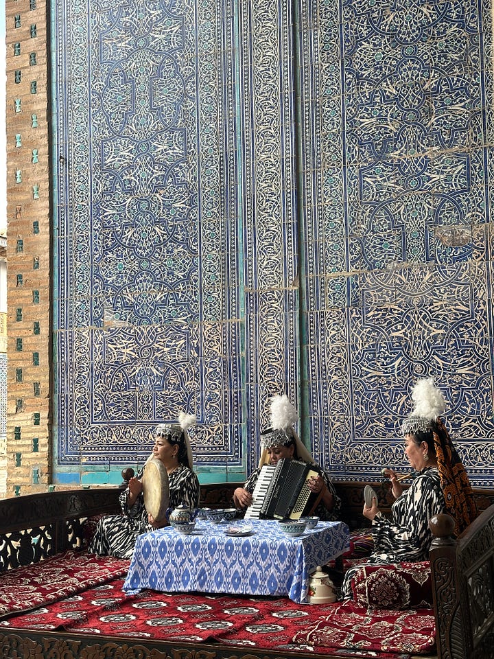 A throne room at Kuhna Ark. an interior courtyard at the Toshhovli, and the interior of the mausoleum
