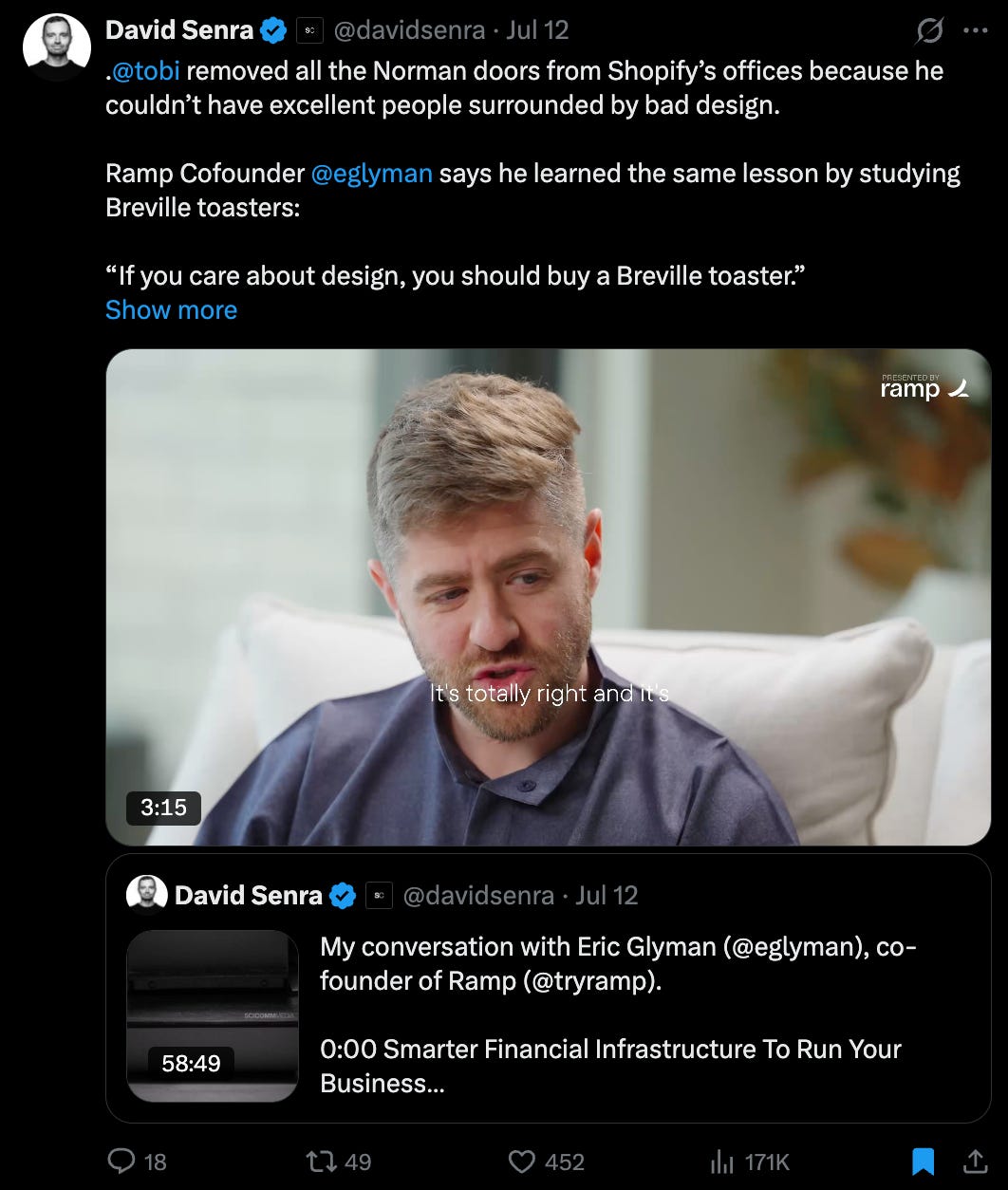 Saved X post by David Senra about Tobi Lütke, bad design, and Breville toasters inside an AI second brain workflow