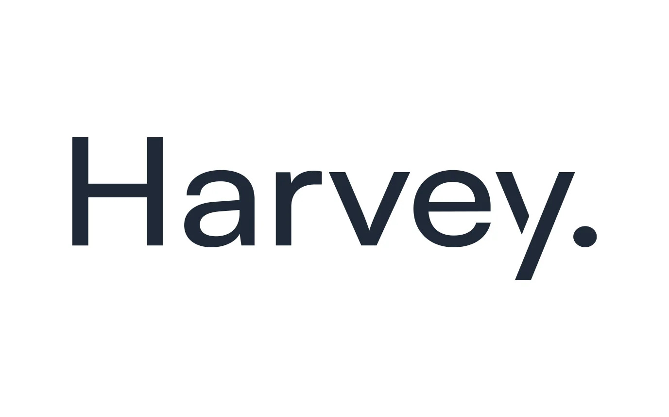 The Harvey logo, displaying the name "Harvey." in a clean, dark blue sans-serif font with a trailing period.