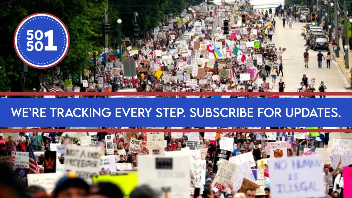 Crowd of protesters holding signs in a large street demonstration with a 50501 Movement logo above a banner reading ‘We’re Tracking Every Step. Subscribe for Updates.’ Call-to-action graphic encouraging readers to follow ongoing reporting on the Epstein Files bill.