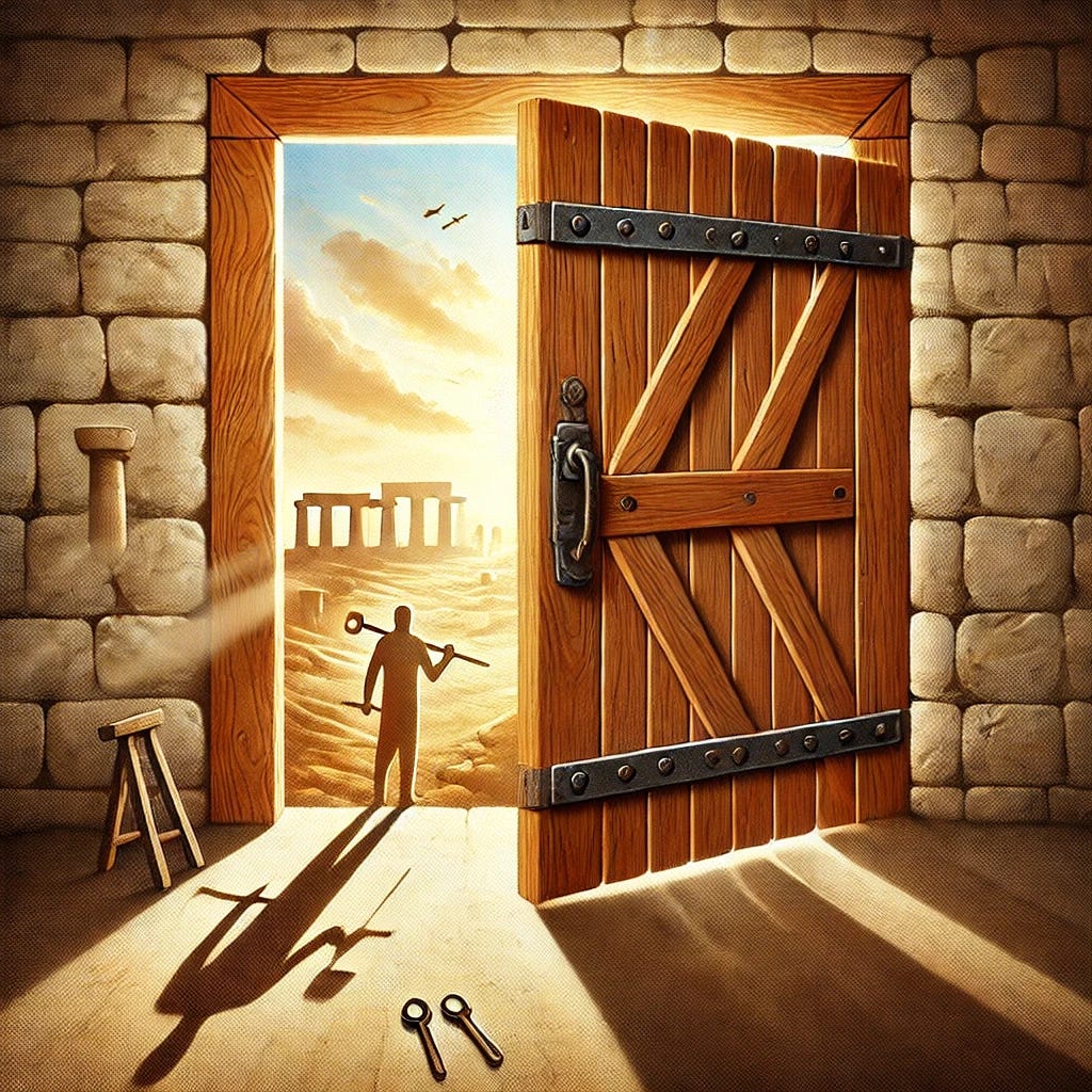 An imaginative, artistic representation of a sturdy wooden door set into a stone wall, slightly ajar, with sunlight streaming through the opening. On one side, there's a shadow of a figure holding tools, hinting at construction and creation, while on the other side, the door opens to a vast landscape filled with distant ancient monuments like pyramids and pillars, symbolizing history and timelessness. The door has prominent, rustic hinges, conveying strength and stability. The overall mood is thoughtful and reflective, with warm earthy tones, blending realism with a touch of surrealism. 1024x1024.