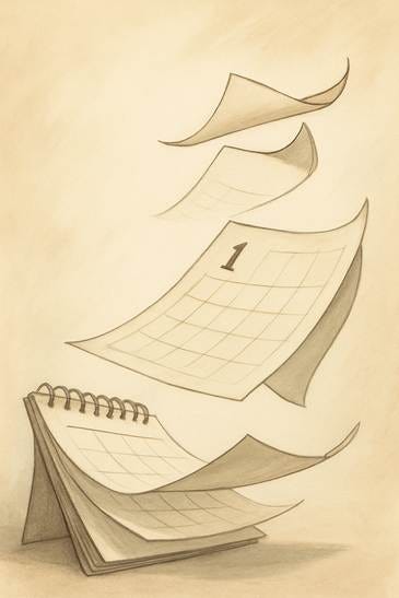 A Windblown Calendar
Symbolism: scheduled plans letting go, adaptation through motion.
A loose-leaf calendar page caught mid-air, edges curling.
Some pages falling behind, others lifting forward. A Windblown Calendar
Symbolism: scheduled plans letting go, adaptation through motion.
A loose-leaf calendar page caught mid-air, edges curling.
Some pages falling behind, others lifting forward.