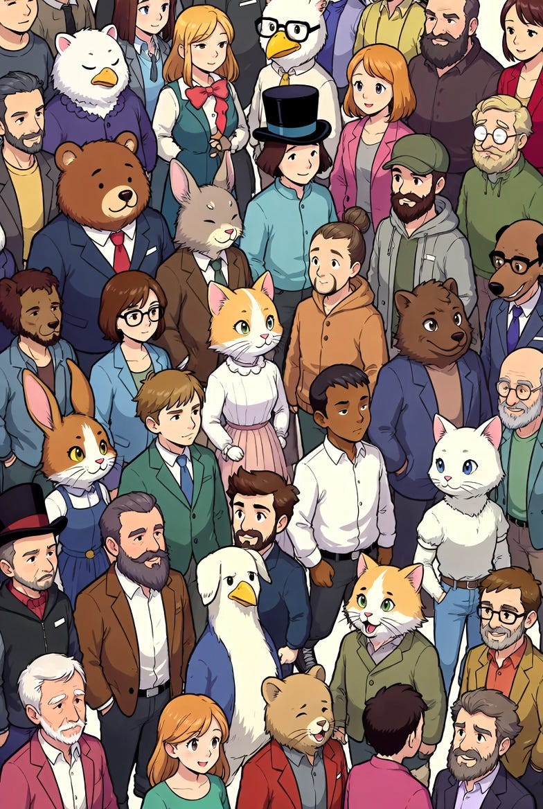 A comic-style illustration of a diverse crowd with anthropomorphic animals and humans in a lively, bustling scene.