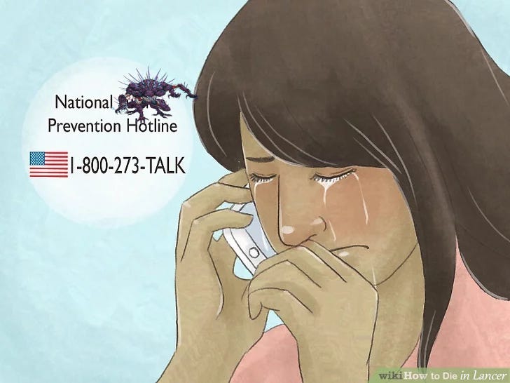 An edited wikiHow image of a woman crying on the phone with the national suicide prevention hotline. The word 'suicide' has been covered with a squished image of the Manticore, a mech in Lancer that is known for blowing itself up.