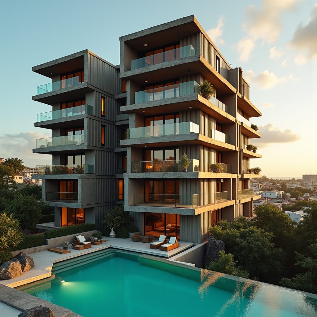 A modern, multi-level block of 5 apartments, styled as a Jamaican container home, set amidst the bustling cityscape, with an abundance of large, protruding platforms and windows, exuding a bold, industrial aesthetic. The building's facade is a maze of intersecting lines, angles, and textures, with the warmth of the Caribbean sun casting long shadows across its rugged surface. In the foreground, a sleek, infinity-edge pool glimmers, its turquoise waters seemingly spilling onto the vibrant, city streets below.