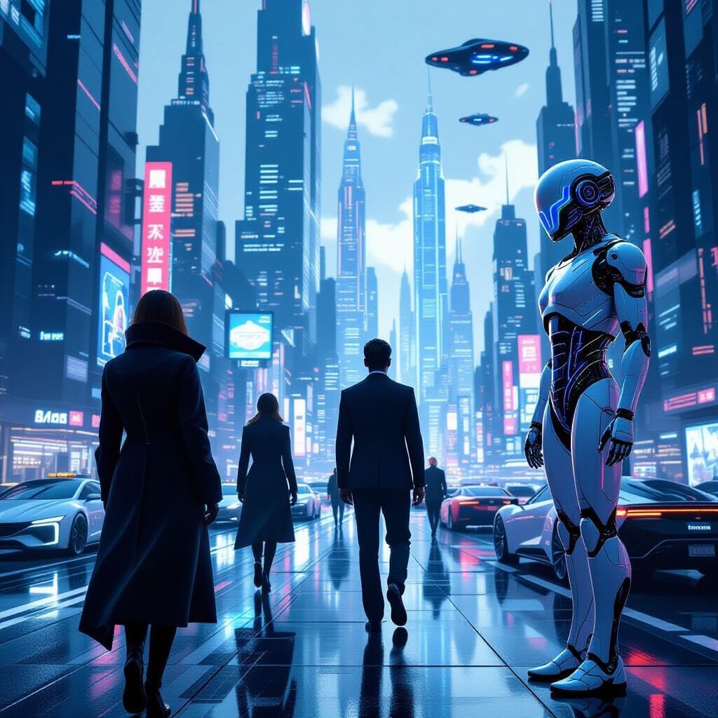 Advanced AI Agents that come from the future in a technologically advanced civilization where robots assist human beings...
