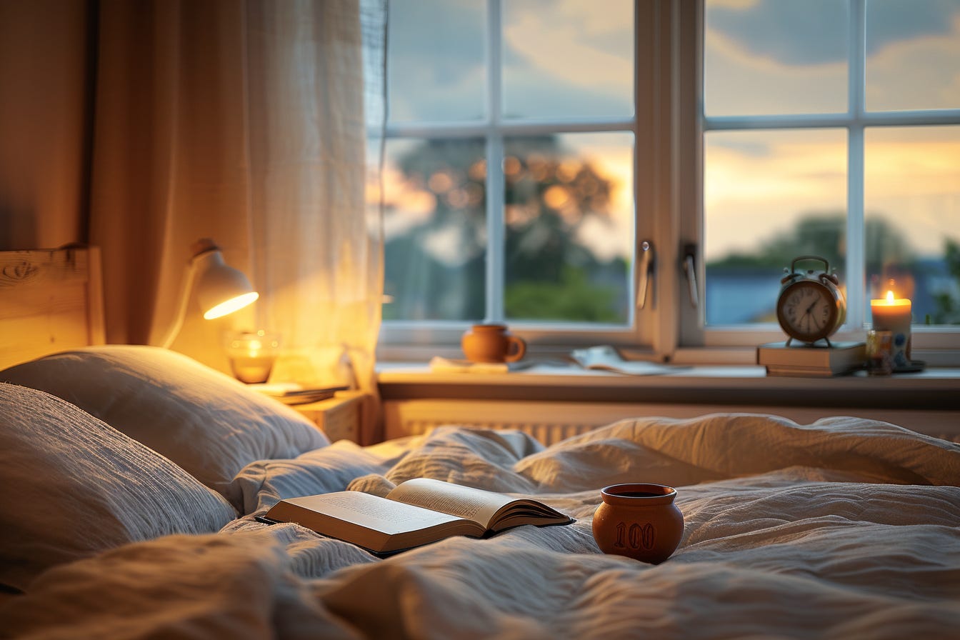 soft lamplight in a quiet bedroom, open window with twilight sky, a book on a neatly made bed, small clay cup of herbal tea on a wooden nightstand, analog clock