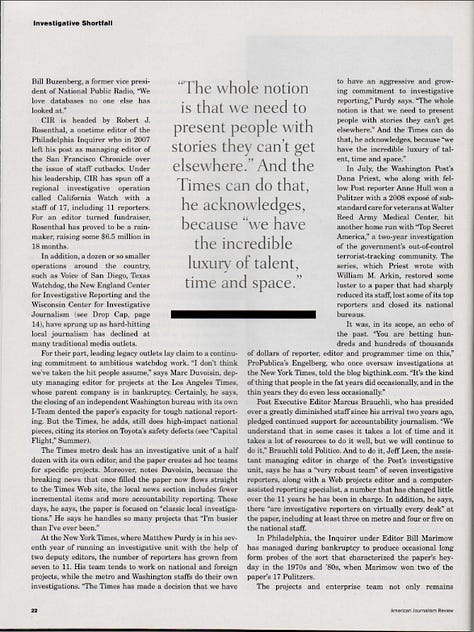 American Journalism Review published an in-depth story in 2010 titled “Investigative Shortfall” showing the alarming decline in investigative reporting and how investigative nonprofits could emerge to fill that void. Click on each image to read the page. (Mc Nelly Torres | Don’t Forget My Voice)