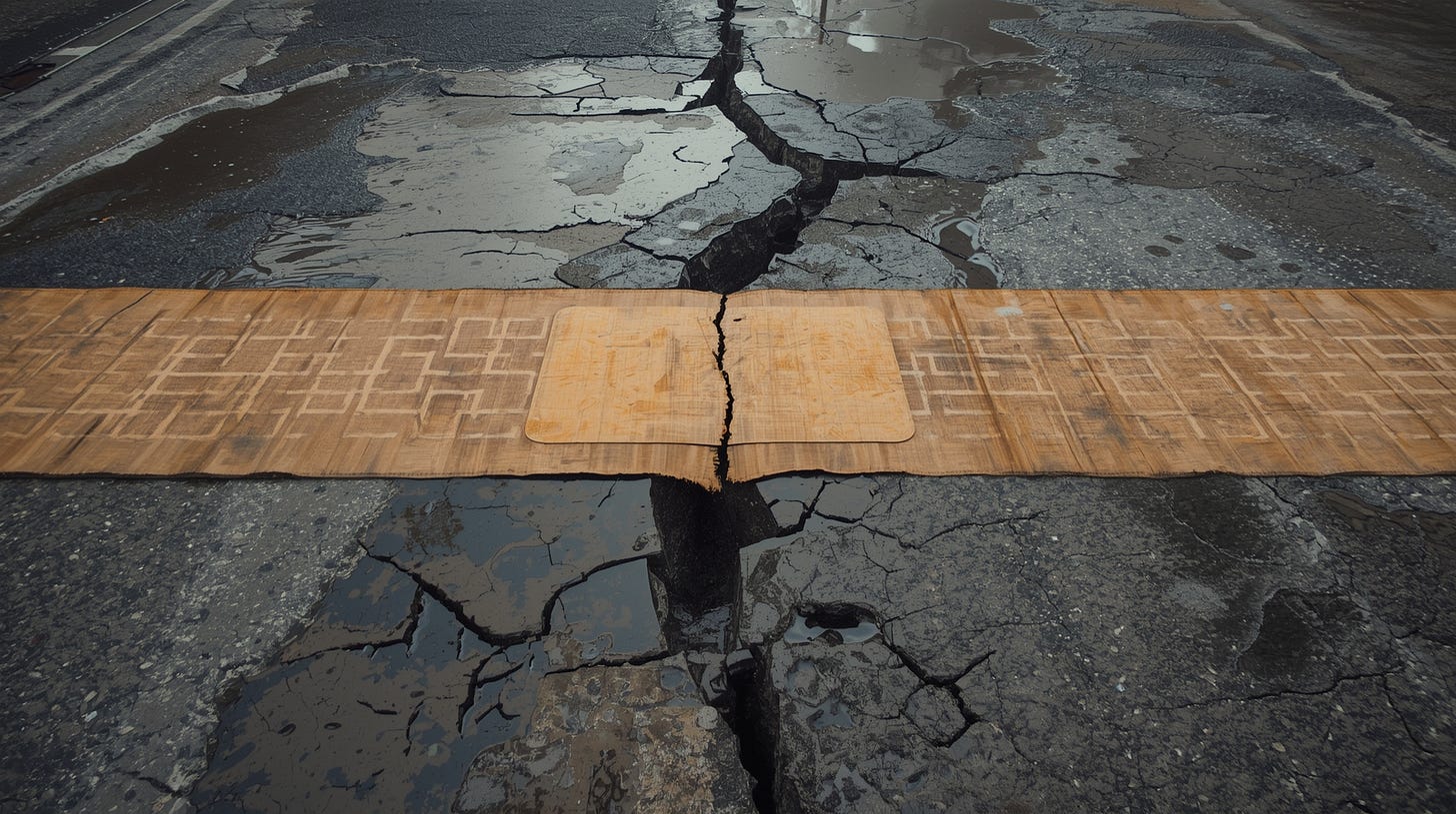 A large, weathered band-aid placed over a cracked/broken infrastructure element