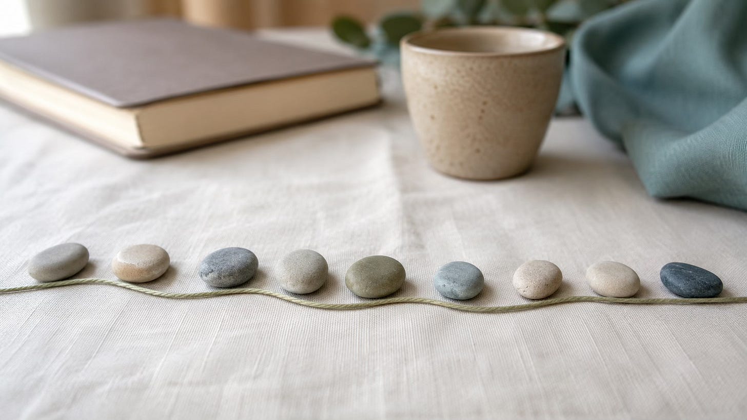 Nine smooth stones arranged along a soft thread, suggesting a steady private healing process over time. Nine smooth stones arranged along a soft thread, suggesting a steady private healing process over time.