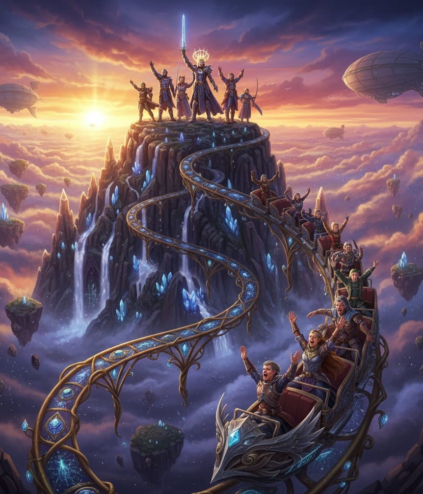 A fantastical scene depicting a majestic mountain peak, adorned with glowing blue crystals and waterfalls, rising through a sky filled with fluffy clouds and floating islands. At the very top, a diverse group of adventurers stands triumphantly at sunset, one figure holding a gleaming sword aloft, all raising their hands in celebration. A winding, ornate roller coaster track, embedded with glowing jewels, spirals down the mountain. Several carts filled with cheering and excited people are seen on the descent, their hands raised in exhilaration. In the background, fantastical airships drift among the clouds. The overall tone is one of epic achievement and joyful adventure.