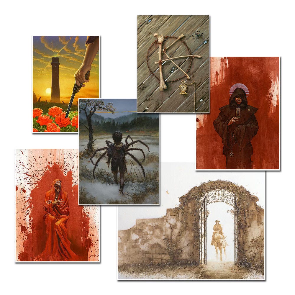 Assortment of Dark Tower prints (clockwise from top left): 19 O'CLOCK, SHOWDOWN AT END WORLD, COLD AND ALONE, THE TOWER CARD, THE GATE OF ELURIA, and UNMASKED