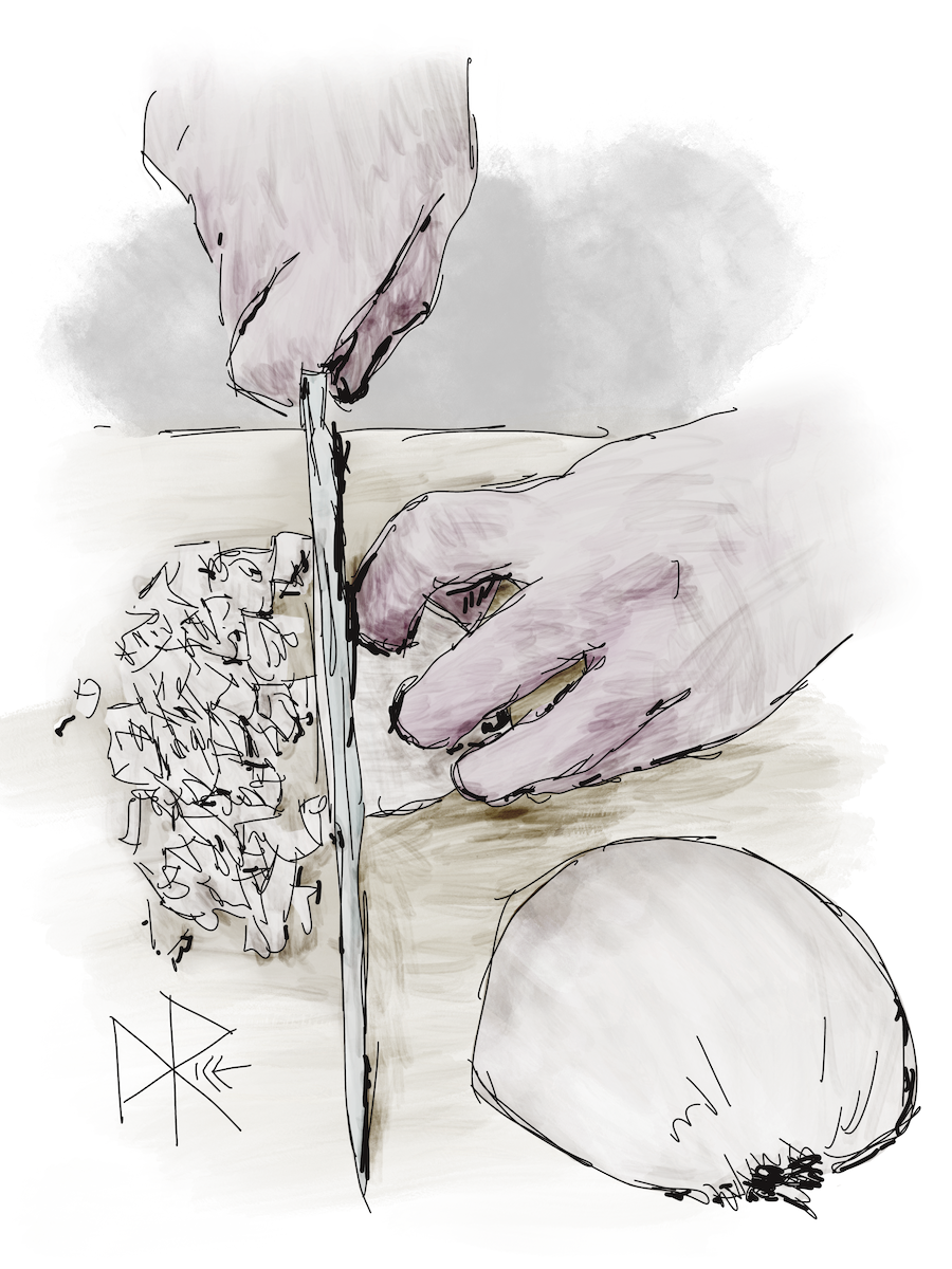 A person uses a large knife to dice a halved onion on a cutting board. Sketch art by Don Rice. A person uses a large knife to dice a halved onion on a cutting board. Sketch art by Don Rice.