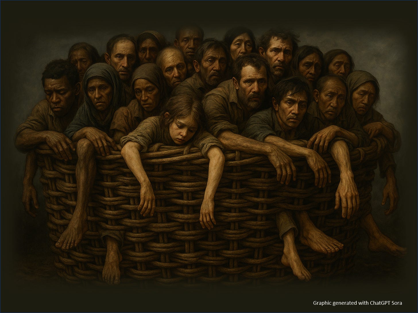 Picture of a large wicker basket filled with desperate poor people.
