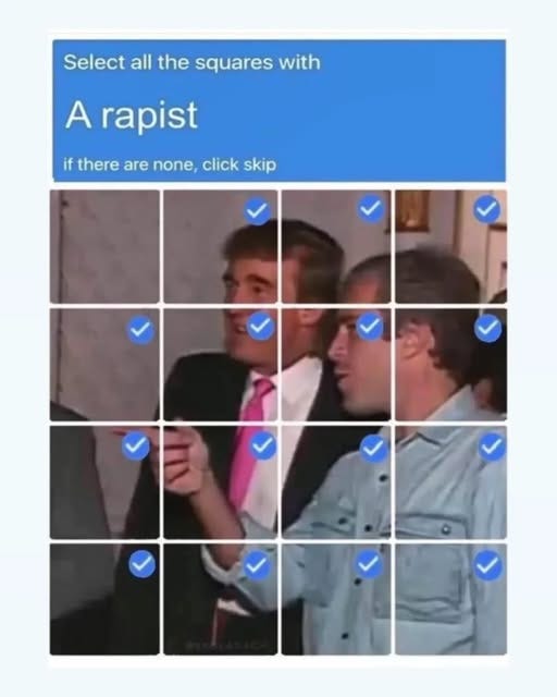 May be an image of 2 people and text that says 'Select all the squares with A rapist if there are none, click skip'