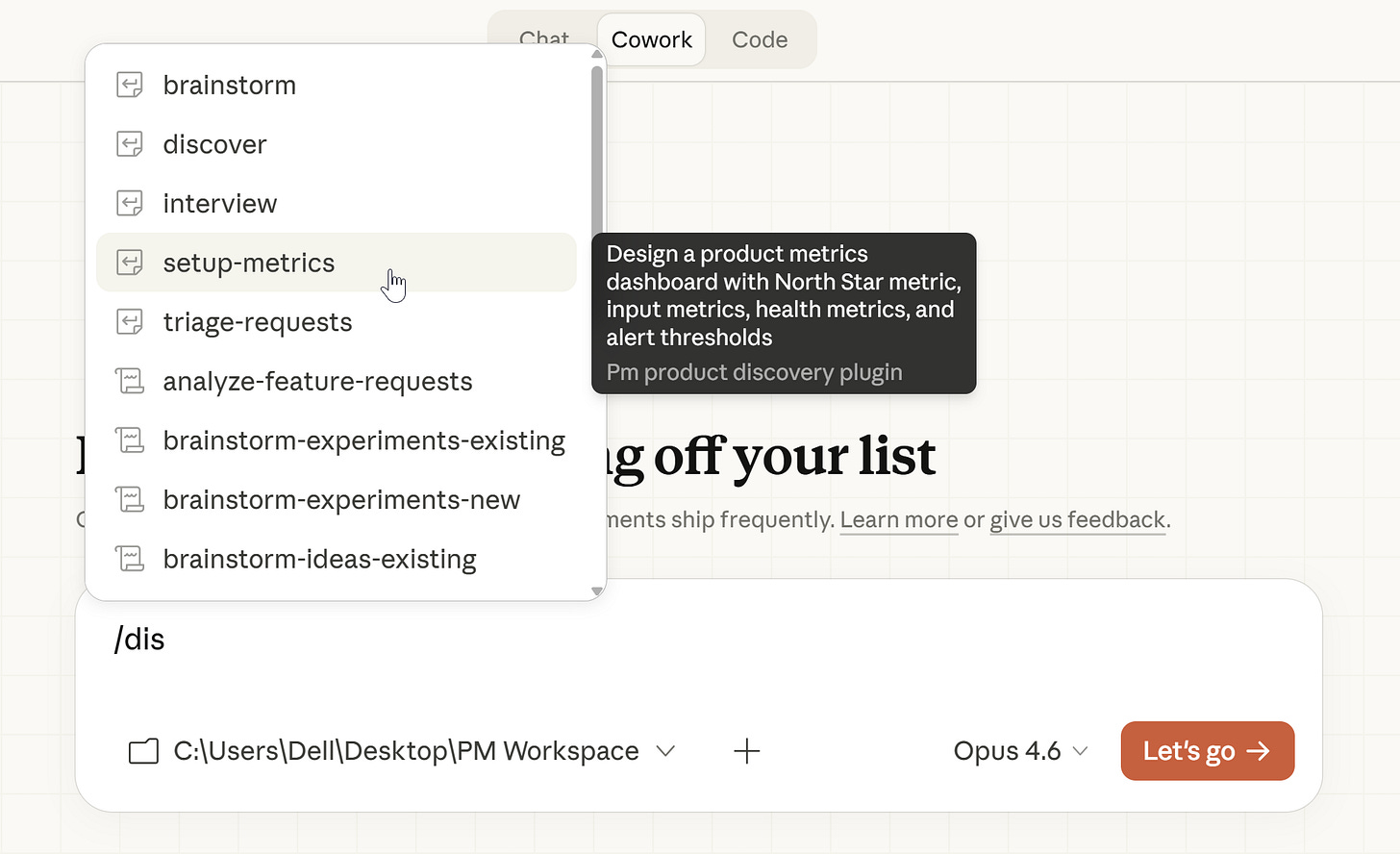 PM Skills Marketplace - autocomplete is Claude Cowork