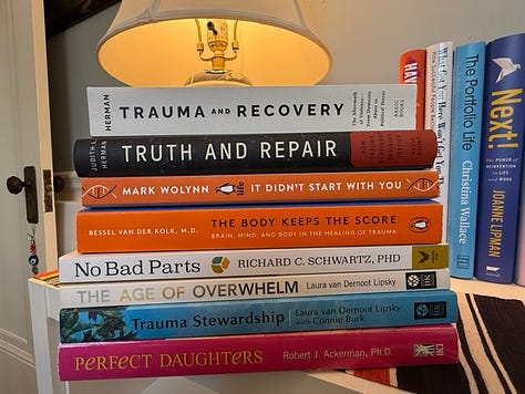 stacks of books on boundaries, equal partnership, parenting, adult learning, women's health, time management, leadership, self-discovery