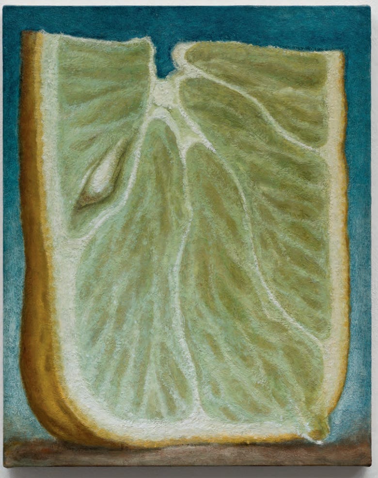 Edward Kay, Sorrento (2026), a small realistic painting of a lemon slice with precise detail and soft light.