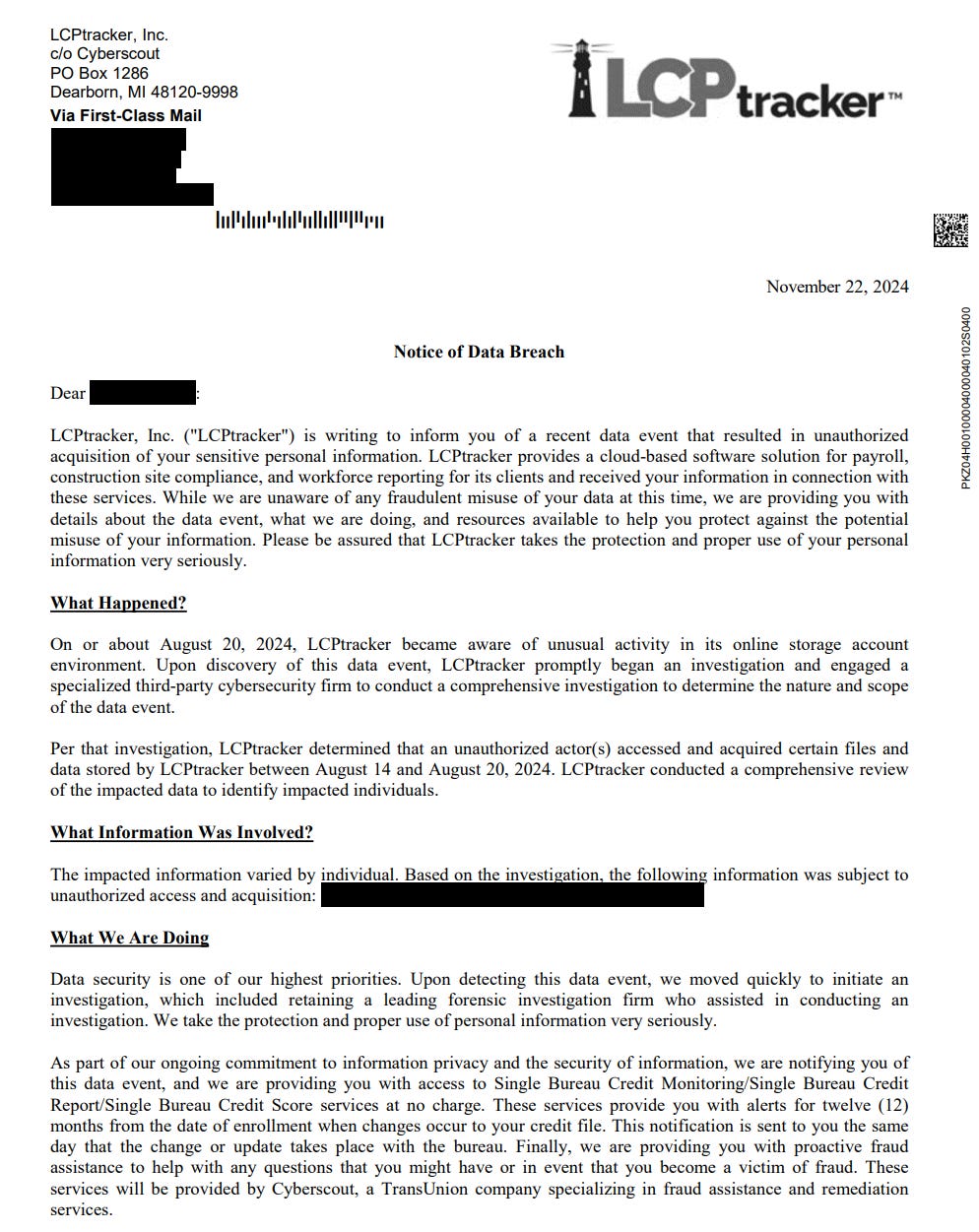 The first page of LCPTracker disclosure notification sent on November 22nd, the full disclosure is on a link below.