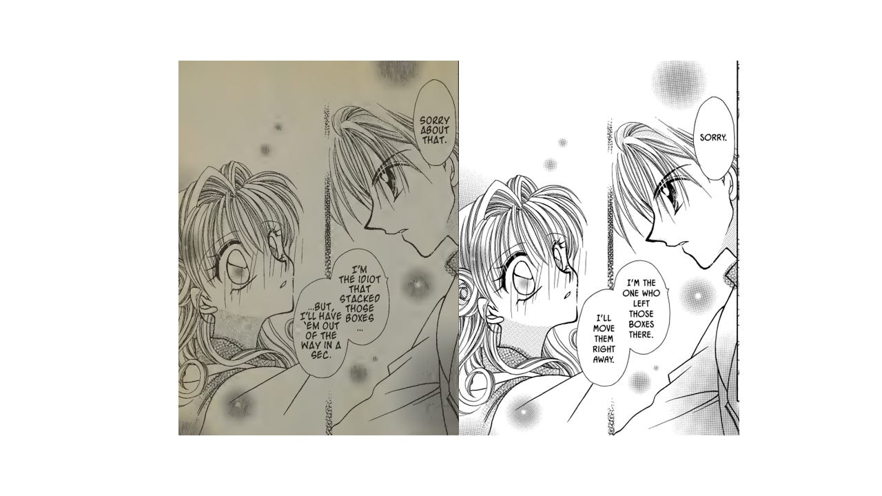 Panel from "Kamikaze Kaito Jeanne." The CMX translation is on the left, the Viz on the right.