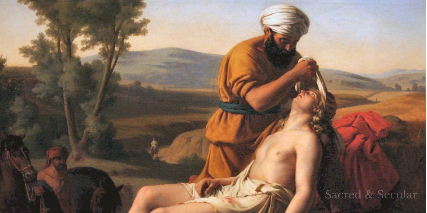 Classic painting of the Samaritan tending wounds. Classic painting of the Samaritan tending wounds.